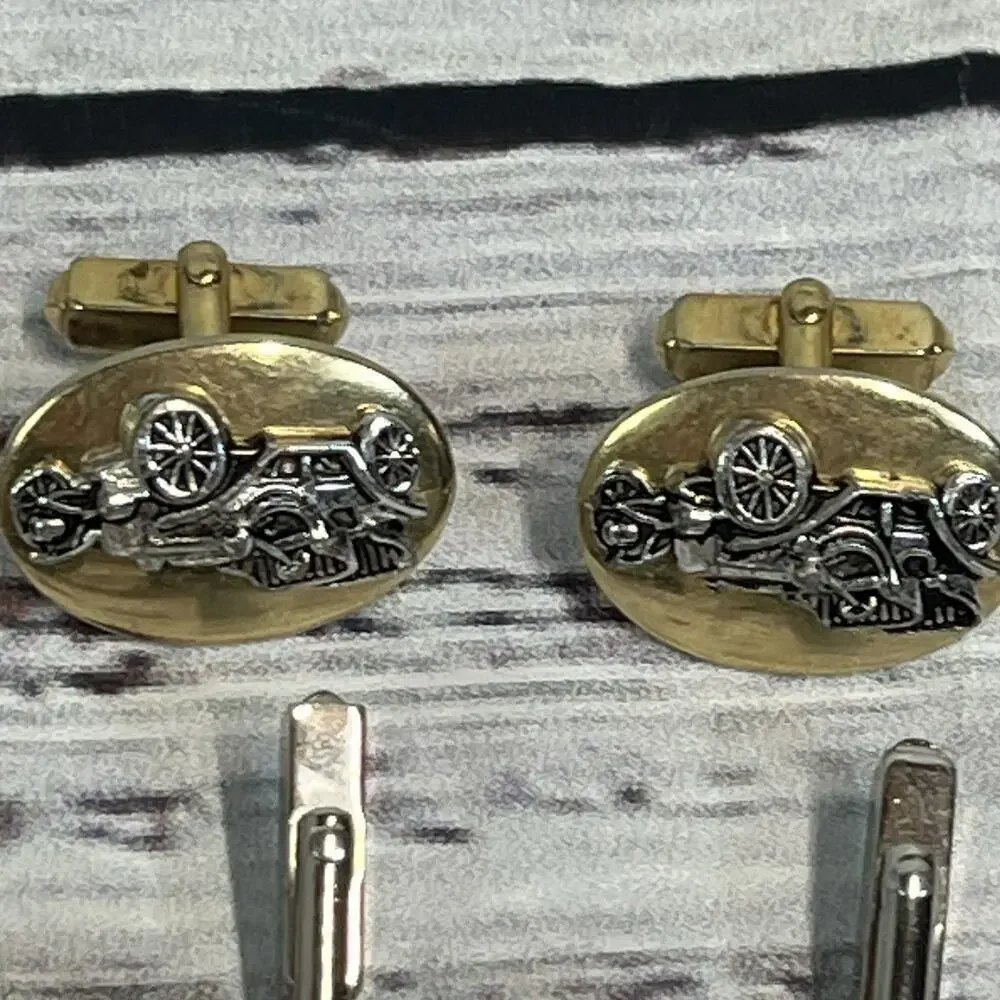 Vintage Set of 4 Mens Cufflinks Antique Cars Circles Mother of Pearl Gold Silver